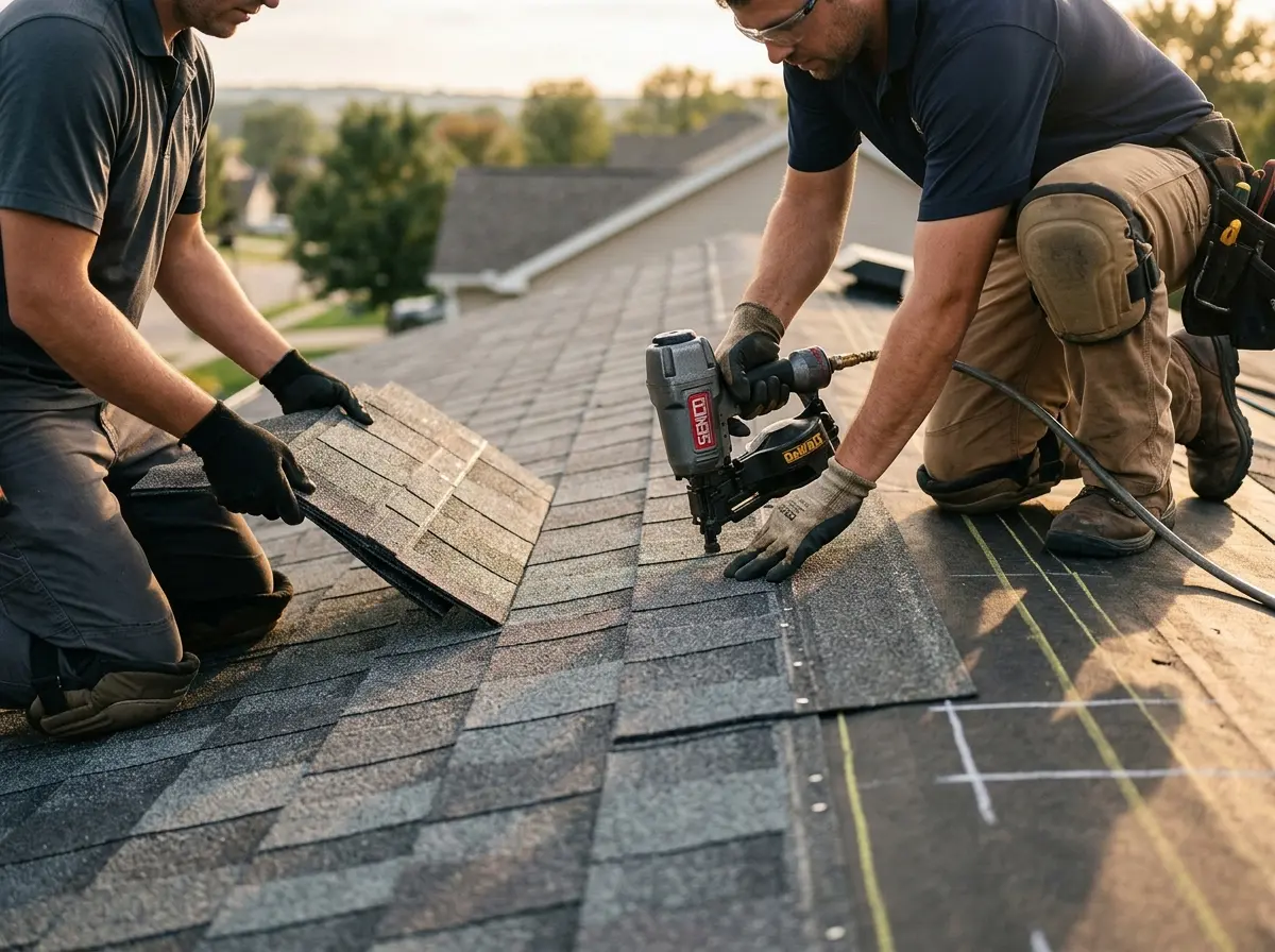 Professional roofer working on a residential roof in West Milford